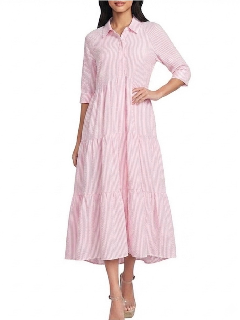A Loves A Pink Tiered Button-Front Midi Dress